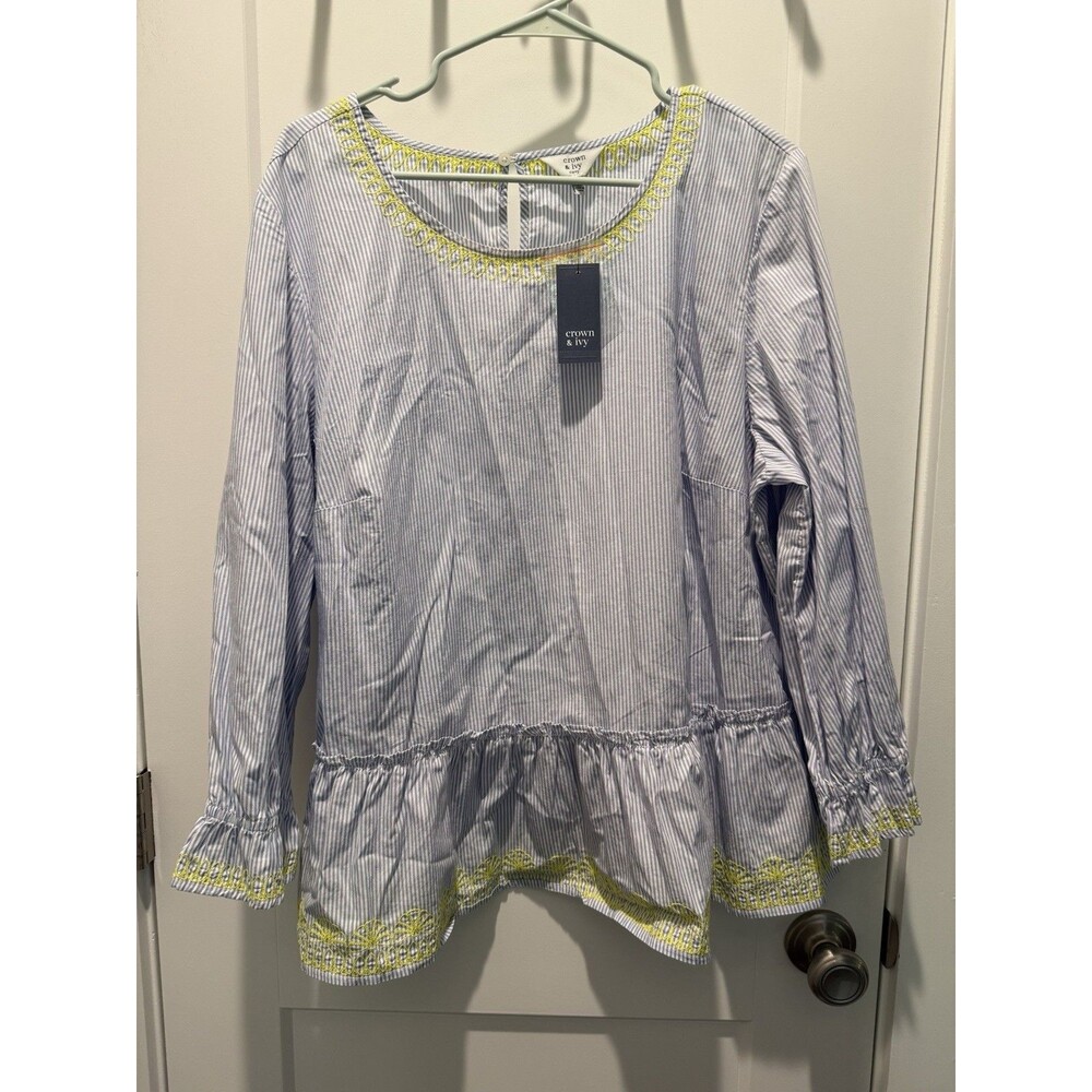 Women’s Crown & Ivy blue Striped eyelet top blouse long sleeve peplum Plus 2X